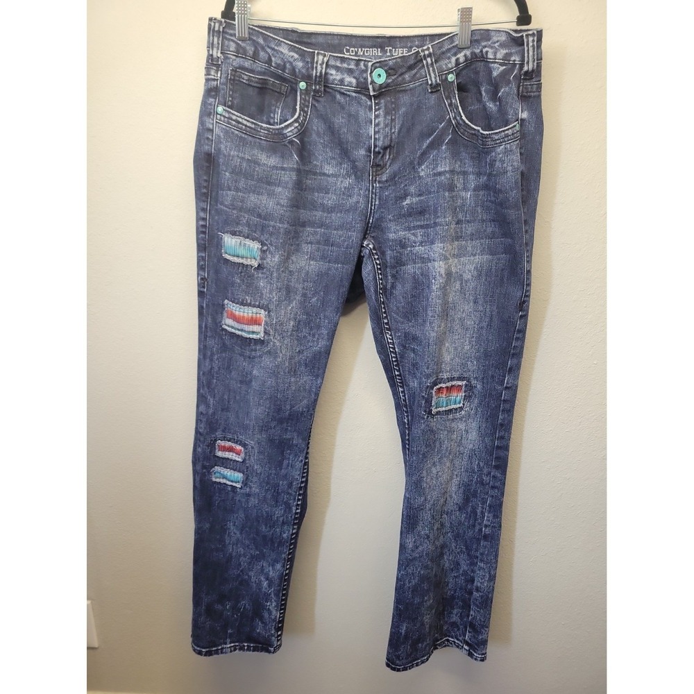 Cowgirl Tuff Serape Soul Jeans 35x33 Denim Patchwork Distressed Dark Blue